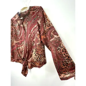 CHICOS Paisley Satin Sequin Neck Blouse Size 2 US 12 Tie Hem Blouse Top Dressy thumbnail 4