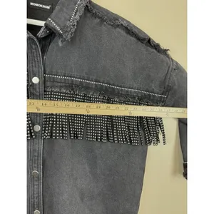 Denim Jacket Black Fringed Western Women’s Size S Embellished Festival Coachella thumbnail 11