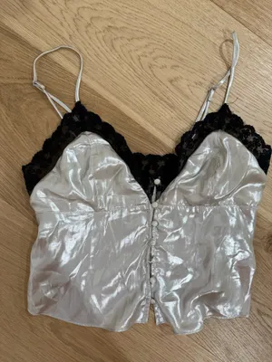 urban outfitters black and silver lace and satin crop top thumbnail 1