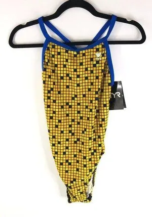 TYR Womens One Piece Swimsuit Diamondfit Open Back Geometric Yellow 34 US M thumbnail 1