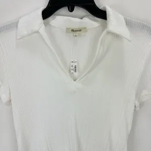 Madewell Ribbed V Neck Polo Tee Top Stretch Lyocell Lighthouse Ivory Slim S NWT thumbnail 6