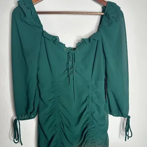 NWT Lulus It Happened in Dublin Forest Green Ruched Lace-up mini dress Sz XS‎ thumbnail 6