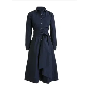 J.Crew Button Front Shirt Dress Womens 18 Navy Blue Cotton Poplin Midi Pockets thumbnail 12