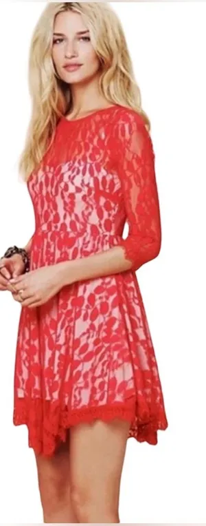 Free People Red Lace Fit & Flare Mini Dress 10 Boho Romantic Whimsigoth skater thumbnail 1