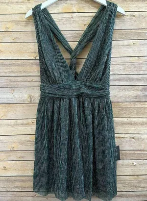 Lulus Dress Women’s Size Medium Teal Metallic Stripe Twist Back Cocktail NWT thumbnail 2