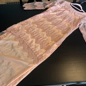 Peach Pink Beaded Sequin‎ High Low Formal Dress Long Sleeve Pearl Detail Gown thumbnail 4