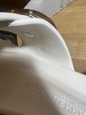 Birkenstock White Slide Sandals with Gold Buckle thumbnail 7