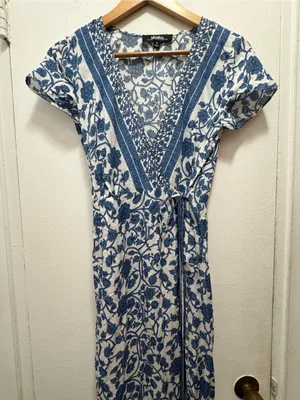 Lulu’s French Doors Ivory and Blue Floral Print Wrap Maxi Dress Small thumbnail 7