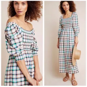 Maeve Anthropologie Plaid Smocked Maxi Dress XS Cottagecore Prairie Long‎ Sleeve thumbnail 2