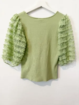Anthropologie Dolan Puff Sleeved Blouse Size‎ Medium Green Polka Dot Ruffle Coquette Fairycore thumbnail 9
