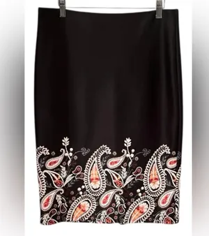 New York And Company Elegant Black Embroidered Paisley Stretch Back Kick Skirt Medium thumbnail 3