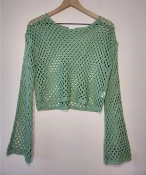 En Crème Sage Open-Knit Bell Sleeve Crop Top Fairy Y2K L thumbnail 1