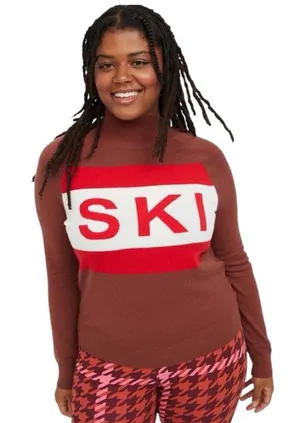 aerie offline Brown Turtleneck Sweater with Red and White 'SKI' Graphic Sz M thumbnail 1