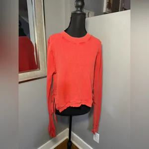 Free People One Interlaken Red waffle knit lace up crop top size large. thumbnail 2