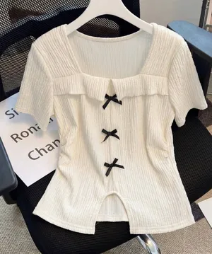 Women Tshirt soft cream square neckline with three black bow thumbnail 1