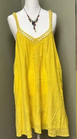 ZARA TRAFALUC COLLECTIONS Yellow Embroidered Mini Dress, Small thumbnail 1