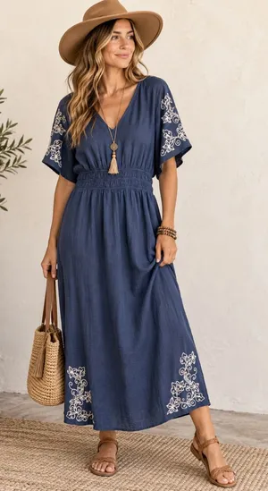 She + Sky Blue Embroidered Boho Midi Dress Rayon Cotton Cottagecore thumbnail 1