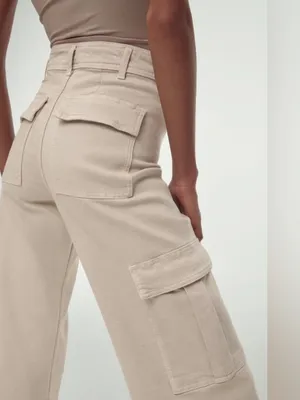 ZARA High Waisted Marine Cargo Jeans Raw Hem Khaki Beige Wide Leg Retro‎ Size 14 thumbnail 6