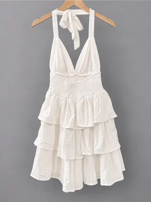 White Halter Tiered Eyelet Mini Dress - Size XS | Windsor thumbnail 5