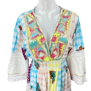 Siya Multicolor Embroidered Sequin Patchworks Checkered Mini A-Line Dress L/XL thumbnail 3