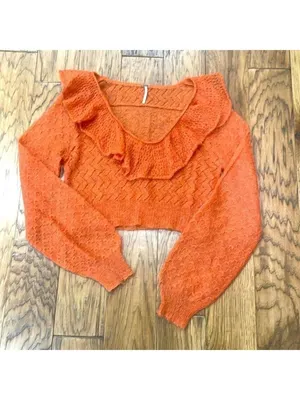 Free People Macaroon Ruffled Neck Mohair Wool Sweater Burnt Orange Ruffle size L thumbnail 6