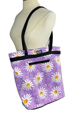 BLUE‎ SKY Cottagecore Boho Lavender Daisy Print Zip Closure Tote Bag thumbnail 1