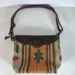 Myra handmade tooled bag leather & cotton carve detachable strap thumbnail 9