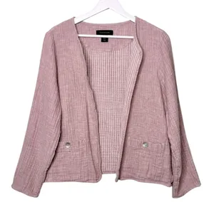 Tahari Linen Gauze Lightweight Jacket Top Mauve Pink Purple White Pockets Medium thumbnail 1