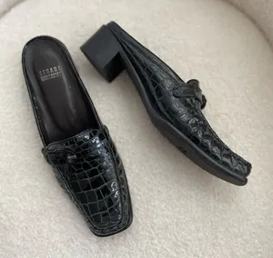 Stuart Weitzman Black Crocodile Patent Leather Block Heel Mules Shoes 8 Narrow thumbnail 1
