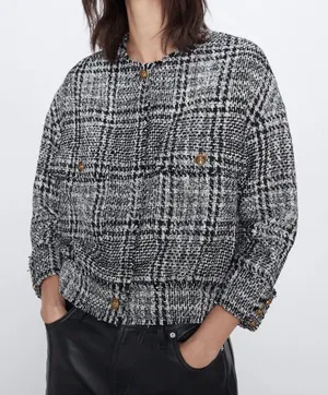 Zara Houndstooth Bomber TWEED Jacket w/ Pockets & Gold Buttons Black/White NEW thumbnail 1