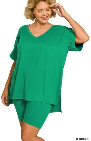 New!Plus Size 1X Zenana Outfitters brushed microfiber v-neck top & biker set thumbnail 1