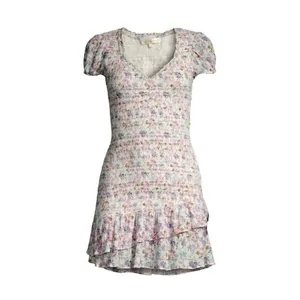 LOVESHACKFANCY Floral Smocked Mini Dress Puff Sleeve Asymmetric Ruffle Coquette thumbnail 4