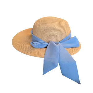 Haute Hippie Tan Straw Sun Hat‎ Blue Chiffon Ribbon Bow UPF 50 Wide Brim thumbnail 2