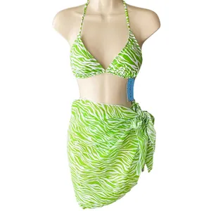 NWT ~ Set/3 Lime Green & White Zebra Drawstring Bikini Swimsuit & Sarong ~ MED. thumbnail 6