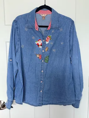 Vintage White Stag Christmas Characters Denim Embroidered Button Up Shirt thumbnail 1