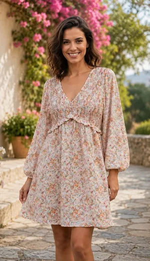 NEW‎ Floral Smocked Babydoll Dress V-Neck Cottagecore Boho Mini Medium Whimsical thumbnail 1