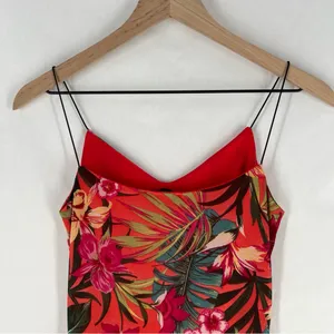 Papaya‎ Coral Green Mesh Tropical Floral Print Spaghetti Strap V-Neck Mini Dress thumbnail 7