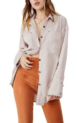 Free People Baby Corduroy Oversized Button Down Shirt Beige Small 100% Cotton thumbnail 1