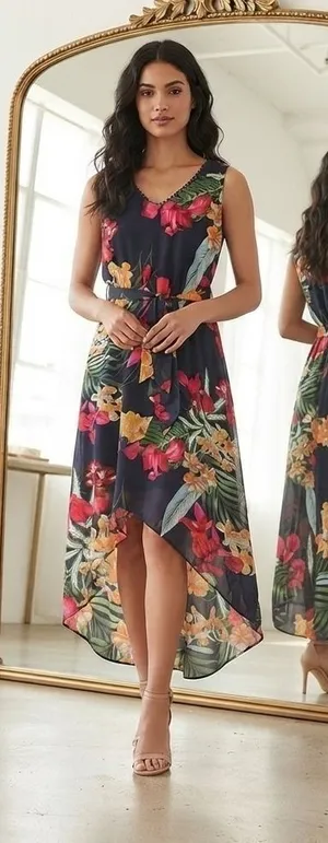 Apt. 9 Navy Blue Tropical‎ Floral High Low Maxi Dress Sleeveless Small thumbnail 1