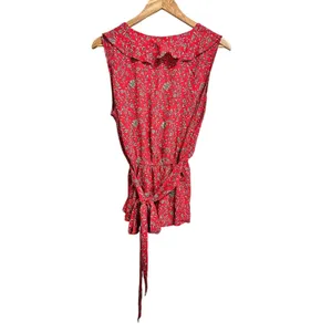 Max Studio Sleeveless red floral Top L Cottagecore Ruffle V Neck‎ Peplum thumbnail 4