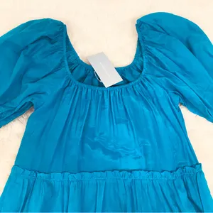 ANTONIO MELANI Puff Sleeve Midi Dress Small Turquoise‎ Blue Tiered Silk Cotton thumbnail 5