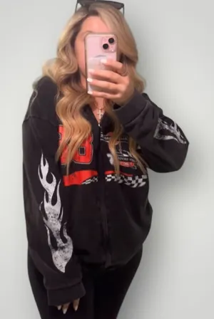 Tik‎ Tok Viral Racetrack Hoodie Sweatshirt Black Acid Wash Flame Motocore Size M thumbnail 1