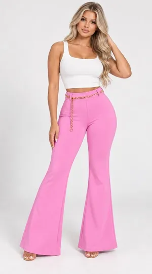 Bubblegum Pink Scuba Flare Pants Chain Belt Y2K McBling Barbiecore Femme Fatale thumbnail 1