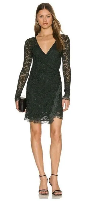 Free People Dress Women's Floral Pearl Lace Long Sleeve Green Mini Size‎ S thumbnail 1
