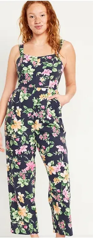 Old Navy Floral Linen Blend Jumpsuit Small Navy Wide Leg Smocked Back thumbnail 1