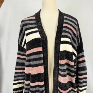Olive + Oak Chenille Longline Cardigan Womens Medium Striped Grey Pink Cream thumbnail 2