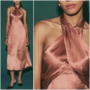 Reformation Maddison Silk Dress Praline Pink Brown Halter Midi Womens 12 NEW thumbnail 3
