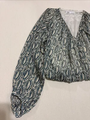Zara Teal and Cream Printed V‑Neck Blouse thumbnail 4