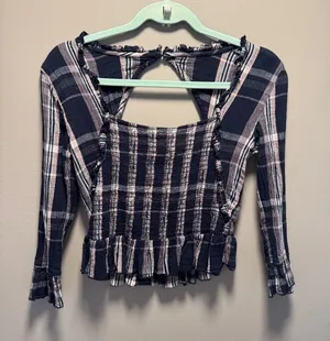 Free People Ruffle Hem Long Sleeve Crop Top - Pink & Navy thumbnail 1