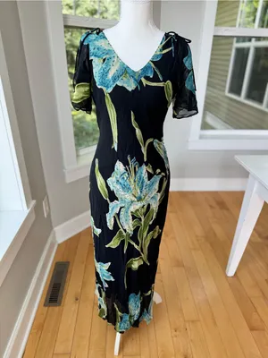 Vintage 90’s Dressbarn Black Blue Floral Beaded V Neck Bias Cut Slip Dress Sz M thumbnail 14